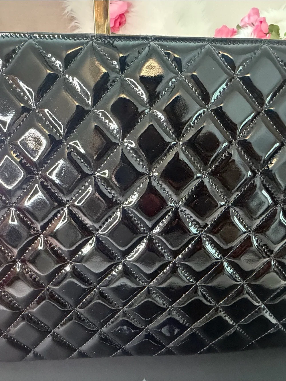 CHANEL Black Patent Quilted Pouch with Silver CC Accent
